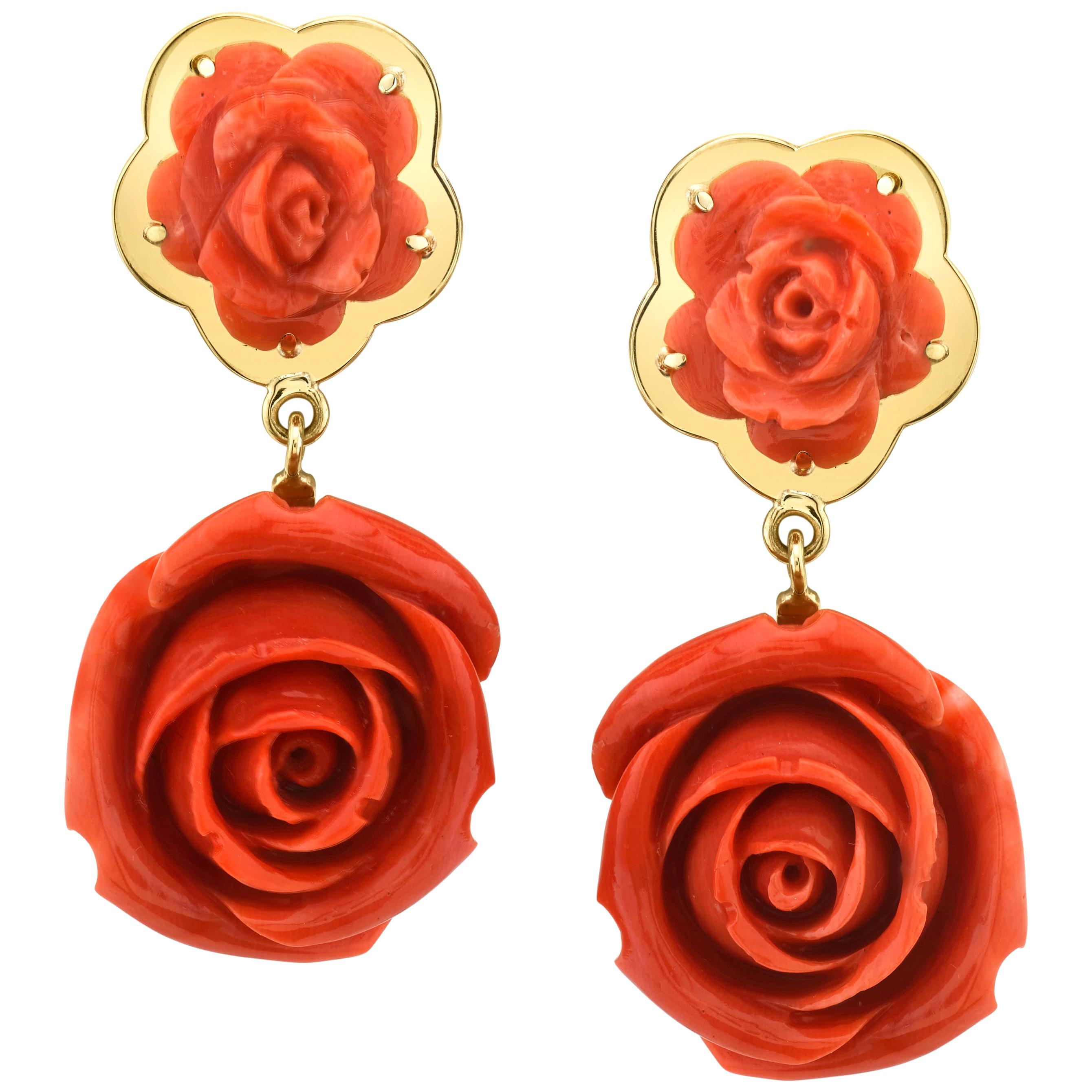 Hand Carved Italian Coral Rose, Yellow Gold French Clip Drop Dangle Earrings