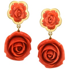 Handgeschnitzte italienische Koralle Rose:: Gelbgold Französisch Clip Drop Dangle Ohrringe