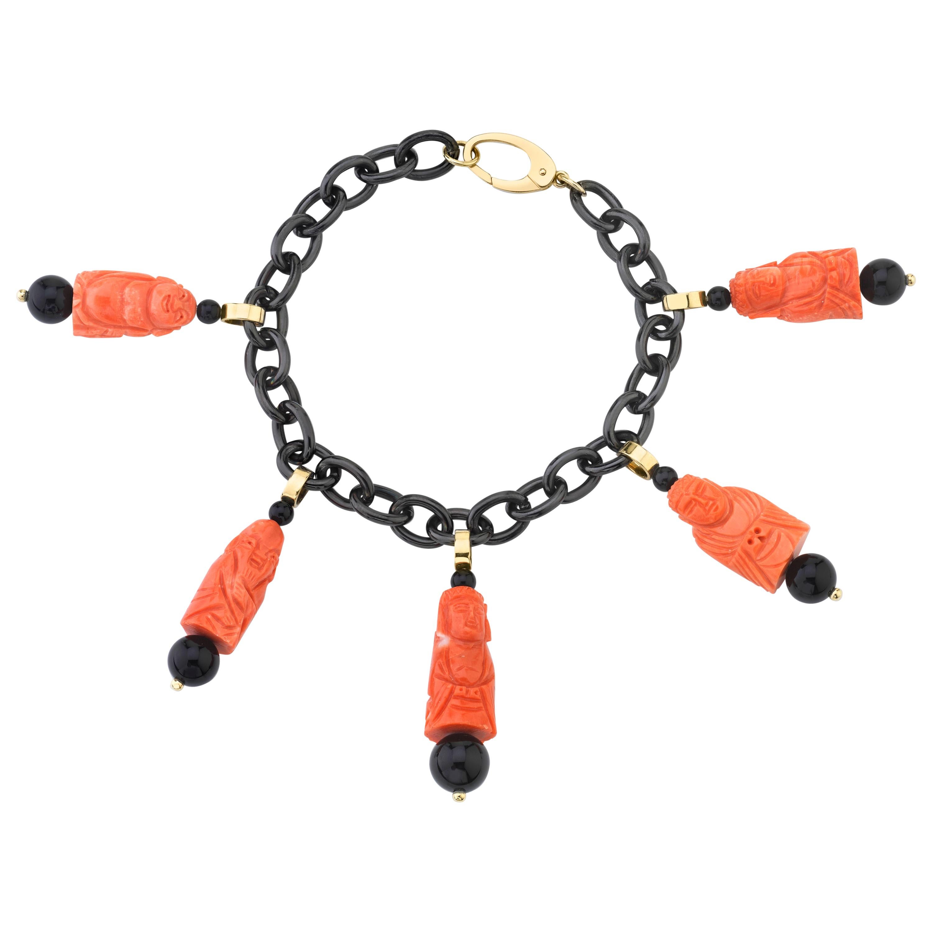 Hand Carved Italian Coral and Onyx Charm Bracelet, in Gold with Blackened Steel For Sale