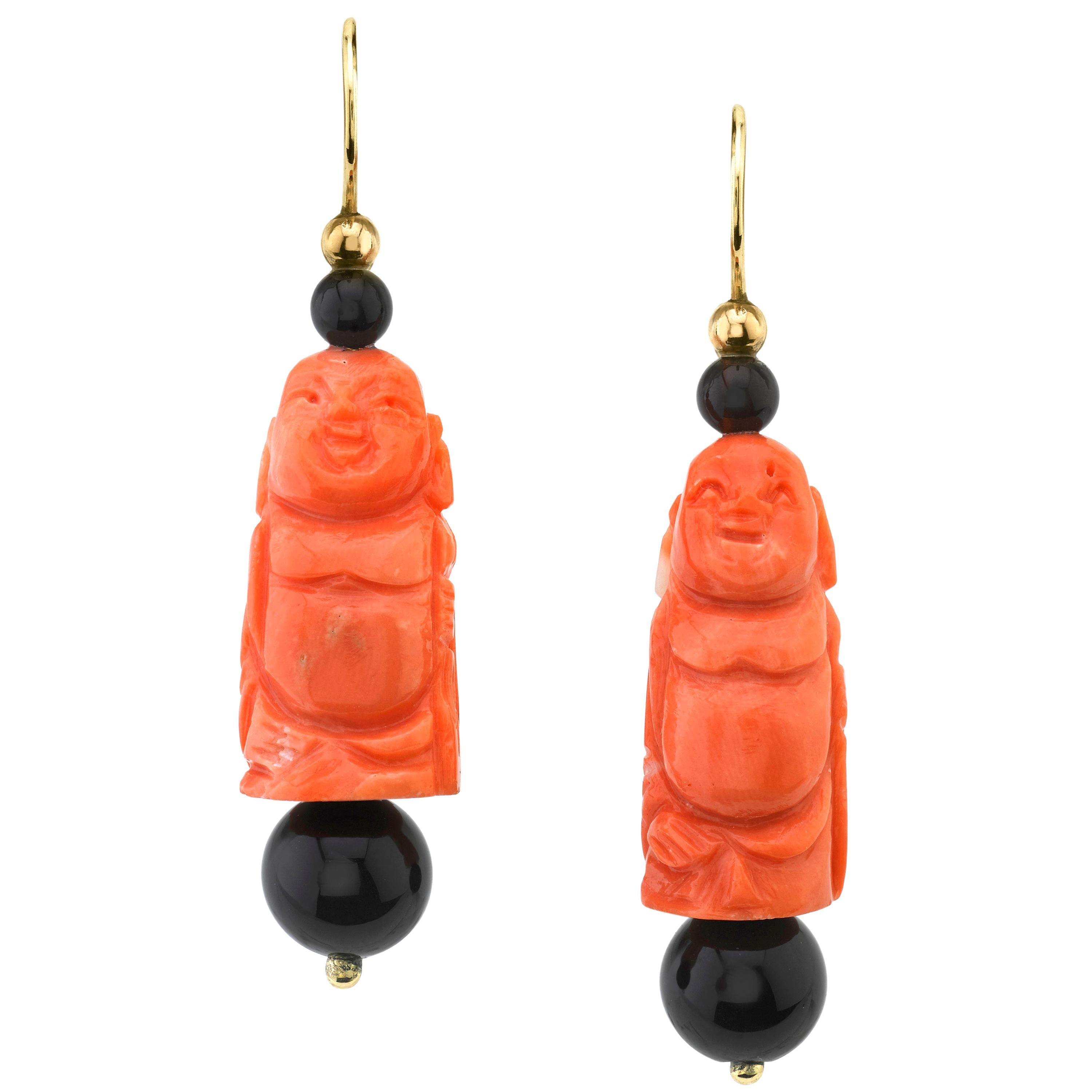Hand Carved Italian Coral, Onyx, Yellow Gold Dangle Drop French Wire Earrings