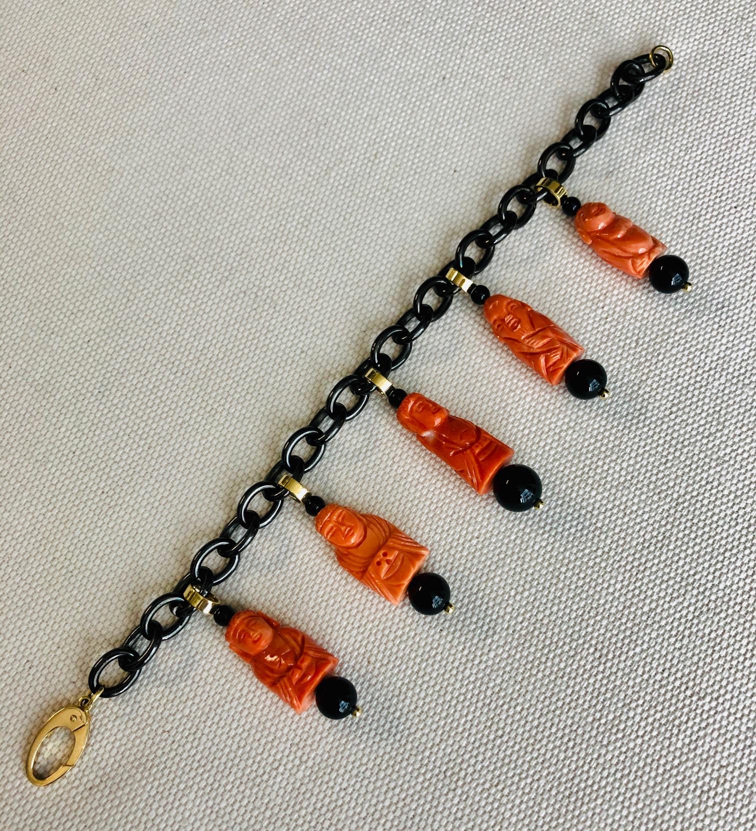 Artisan Hand Carved Italian Coral and Onyx Charm Bracelet, in Gold with Blackened Steel For Sale