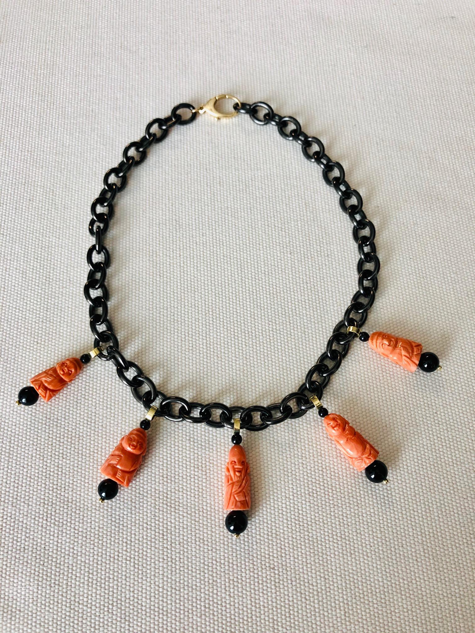 Bead Hand Carved Italian Coral and Onyx Charm Bracelet, in Gold with Blackened Steel For Sale