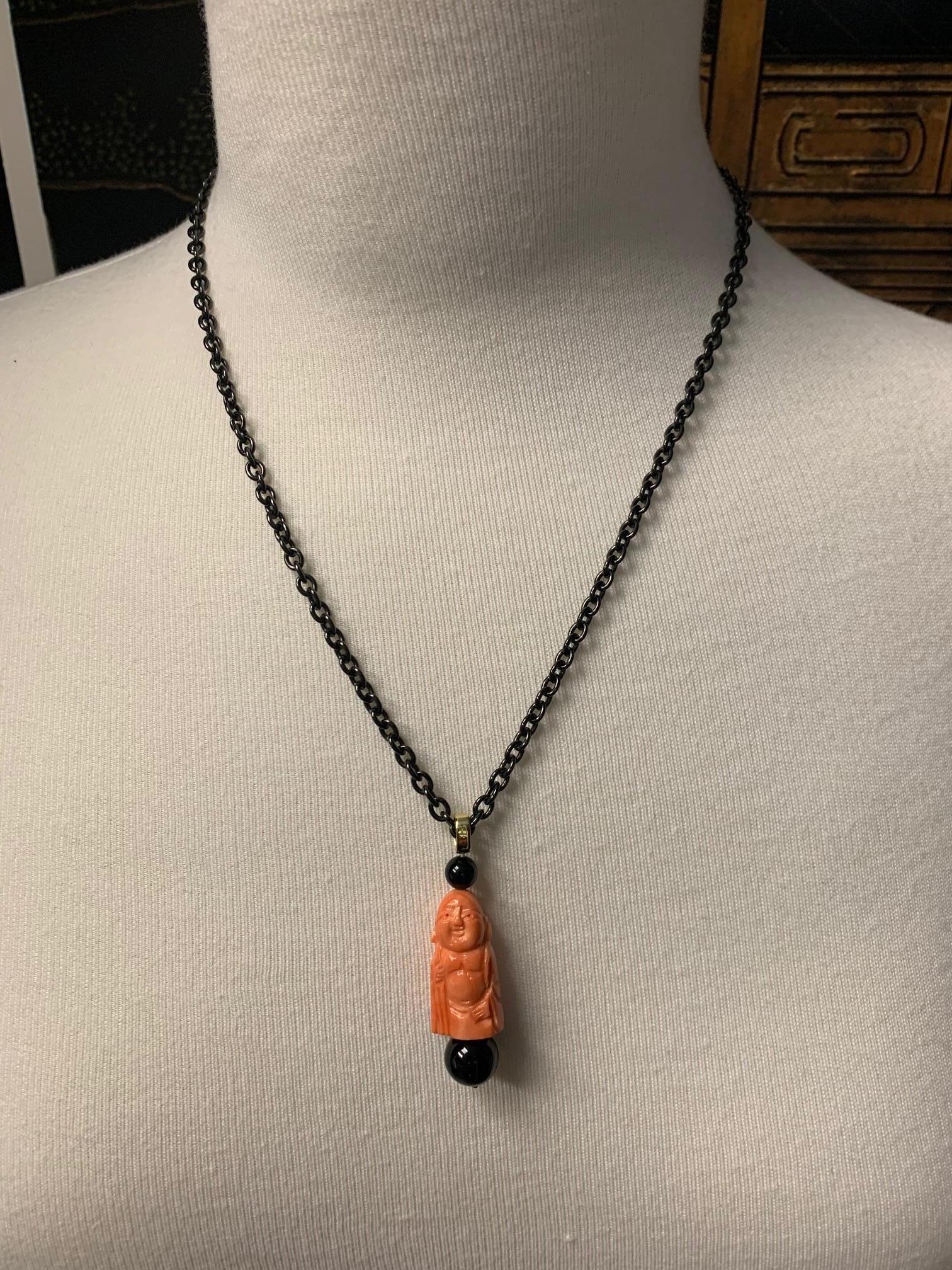 Women's or Men's Hand Carved Italian Coral and Onyx Pendant in Gold with Blackened Steel Chain For Sale