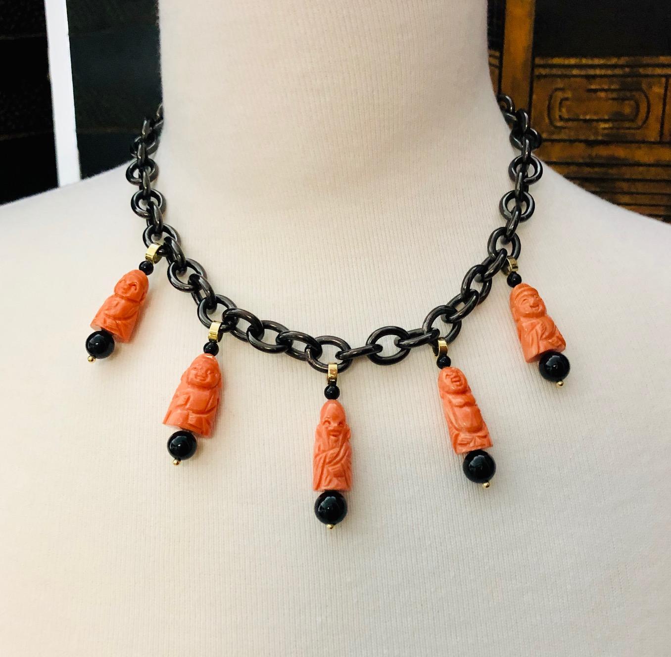 Artisan Hand Carved Italian Coral, Onyx, Yellow Gold Charm Necklace with Blackened Steel