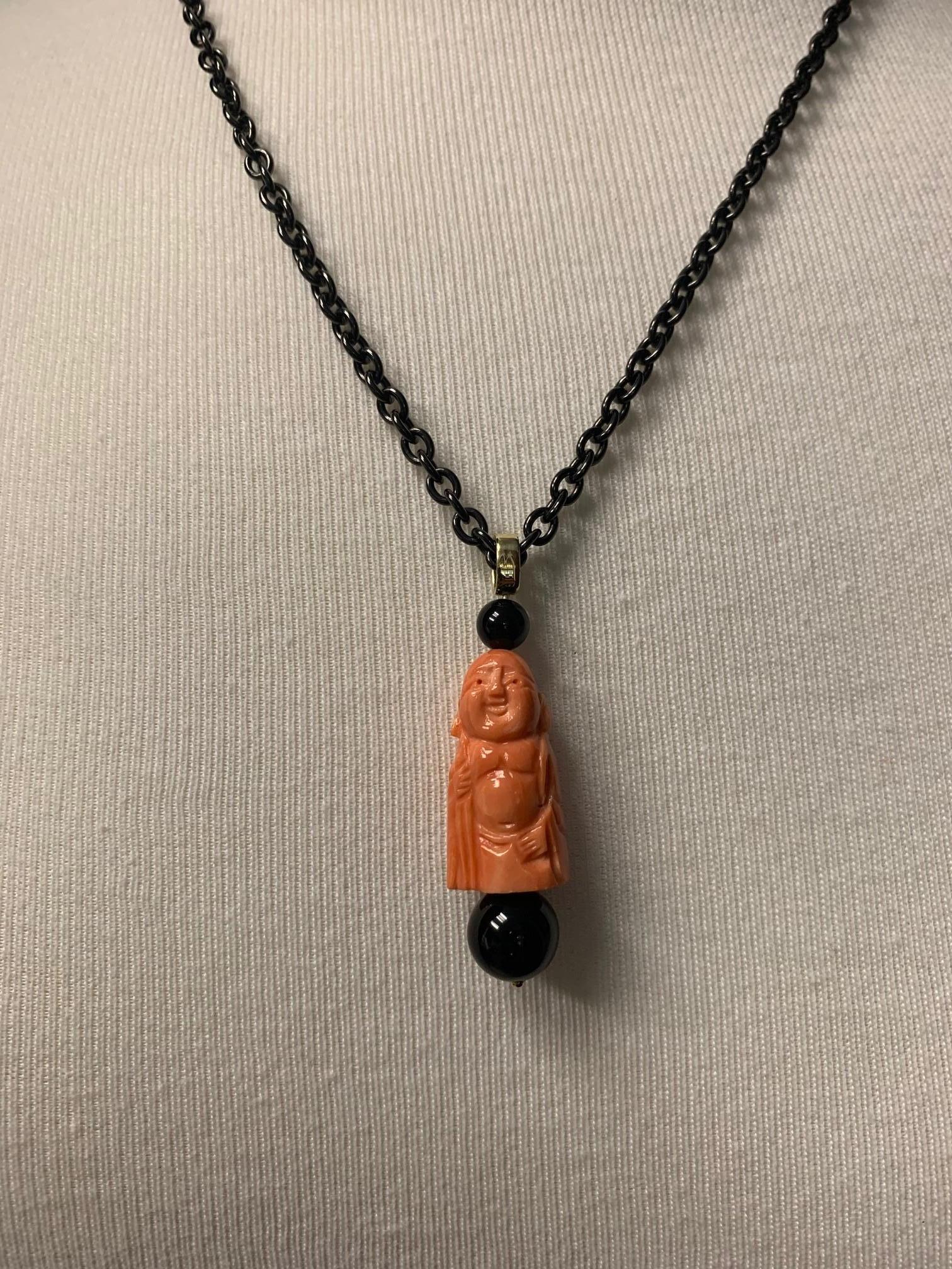 Hand Carved Italian Coral and Onyx Pendant in Gold with Blackened Steel Chain For Sale 1