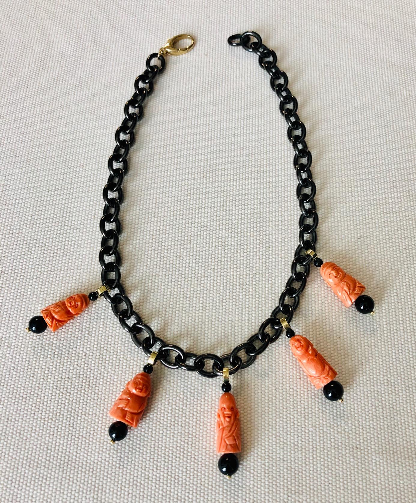 Bead Hand Carved Italian Coral, Onyx, Yellow Gold Charm Necklace with Blackened Steel