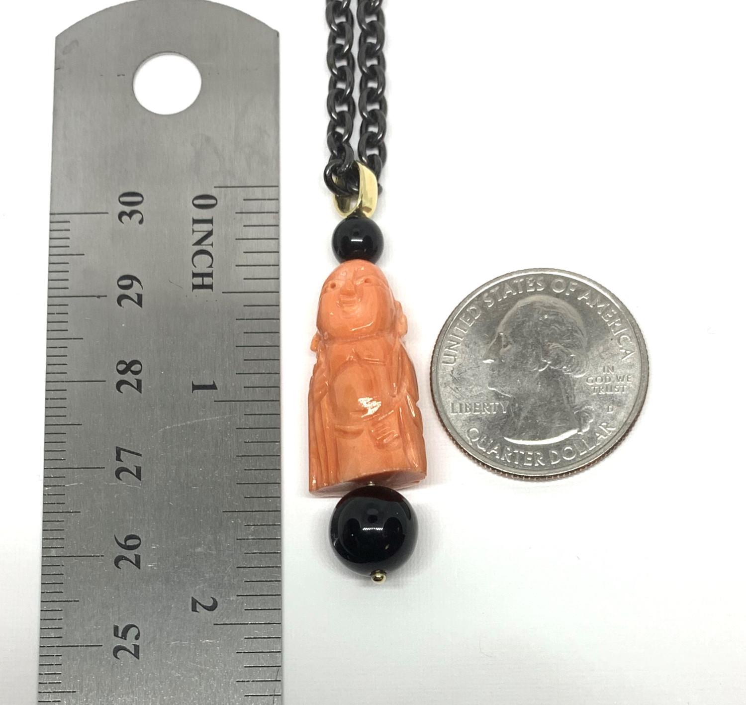 Hand Carved Italian Coral and Onyx Pendant in Gold with Blackened Steel Chain For Sale 2