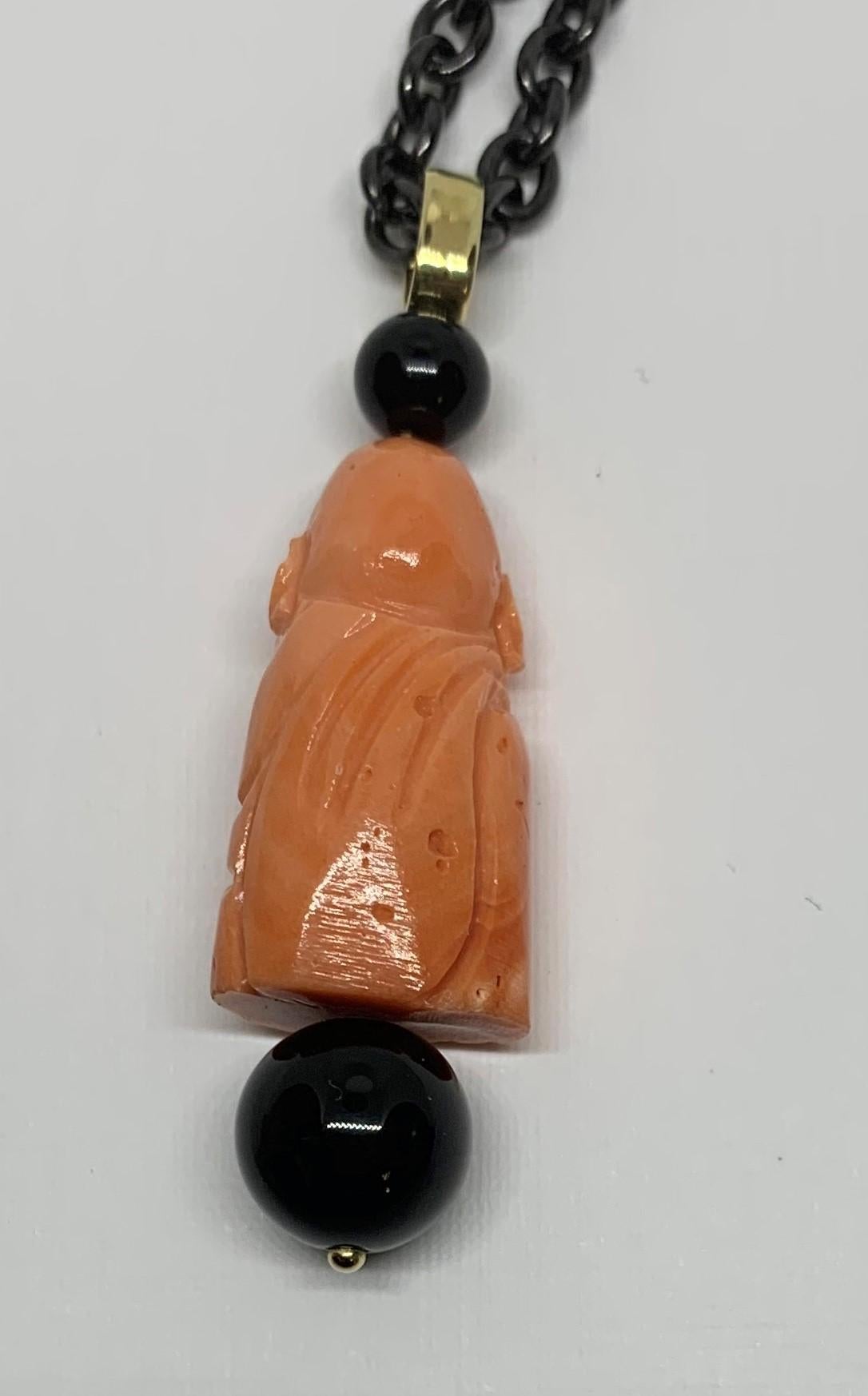 Hand Carved Italian Coral and Onyx Pendant in Gold with Blackened Steel Chain For Sale 4