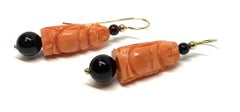 Hand Carved Italian Coral, Onyx, Yellow Gold Dangle Drop French Wire Earrings
