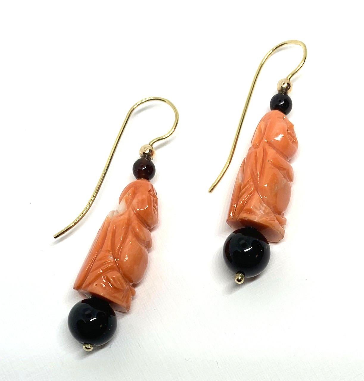 Artisan Hand Carved Italian Coral, Onyx, Yellow Gold Dangle Drop French Wire Earrings