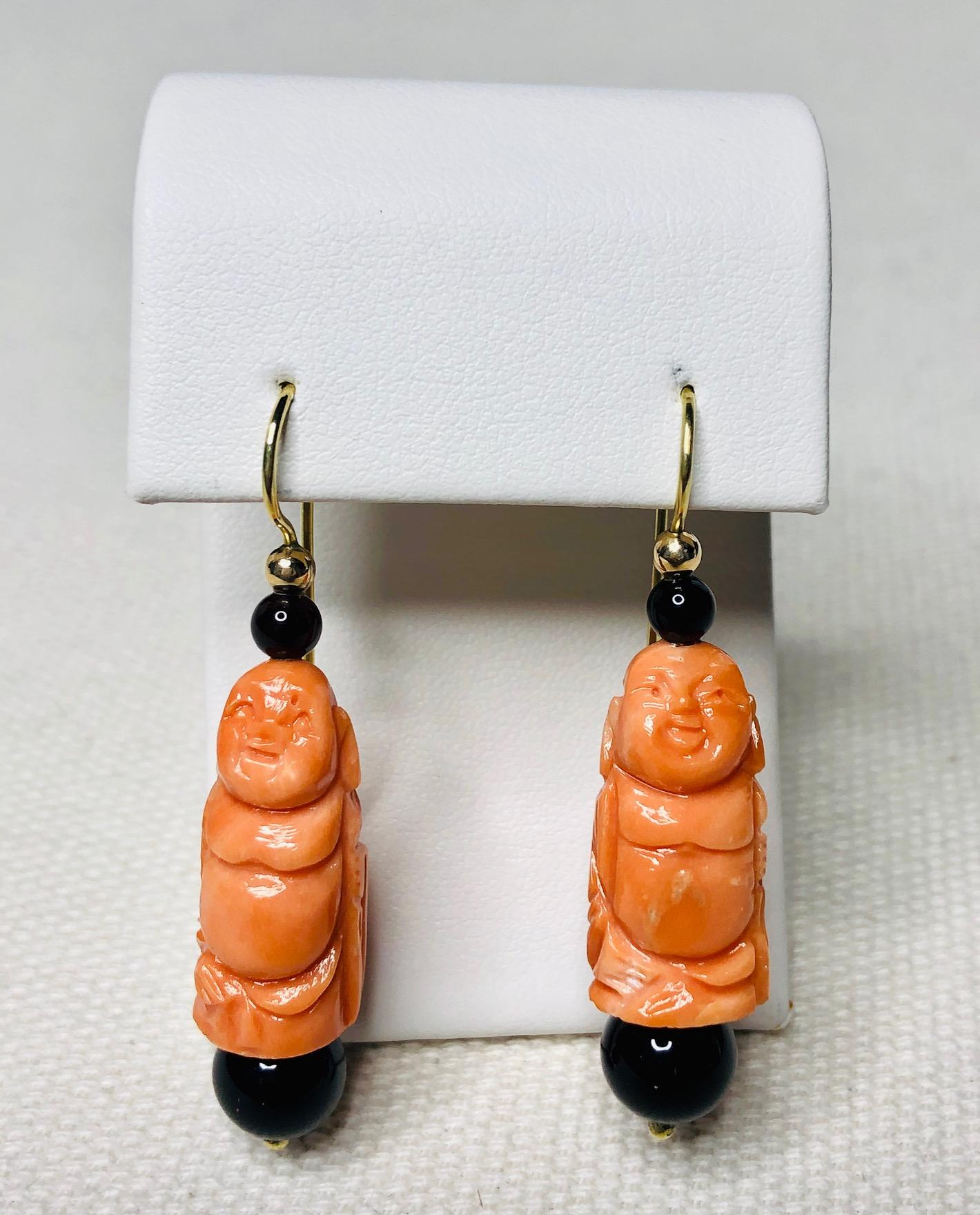 Bead Hand Carved Italian Coral, Onyx, Yellow Gold Dangle Drop French Wire Earrings