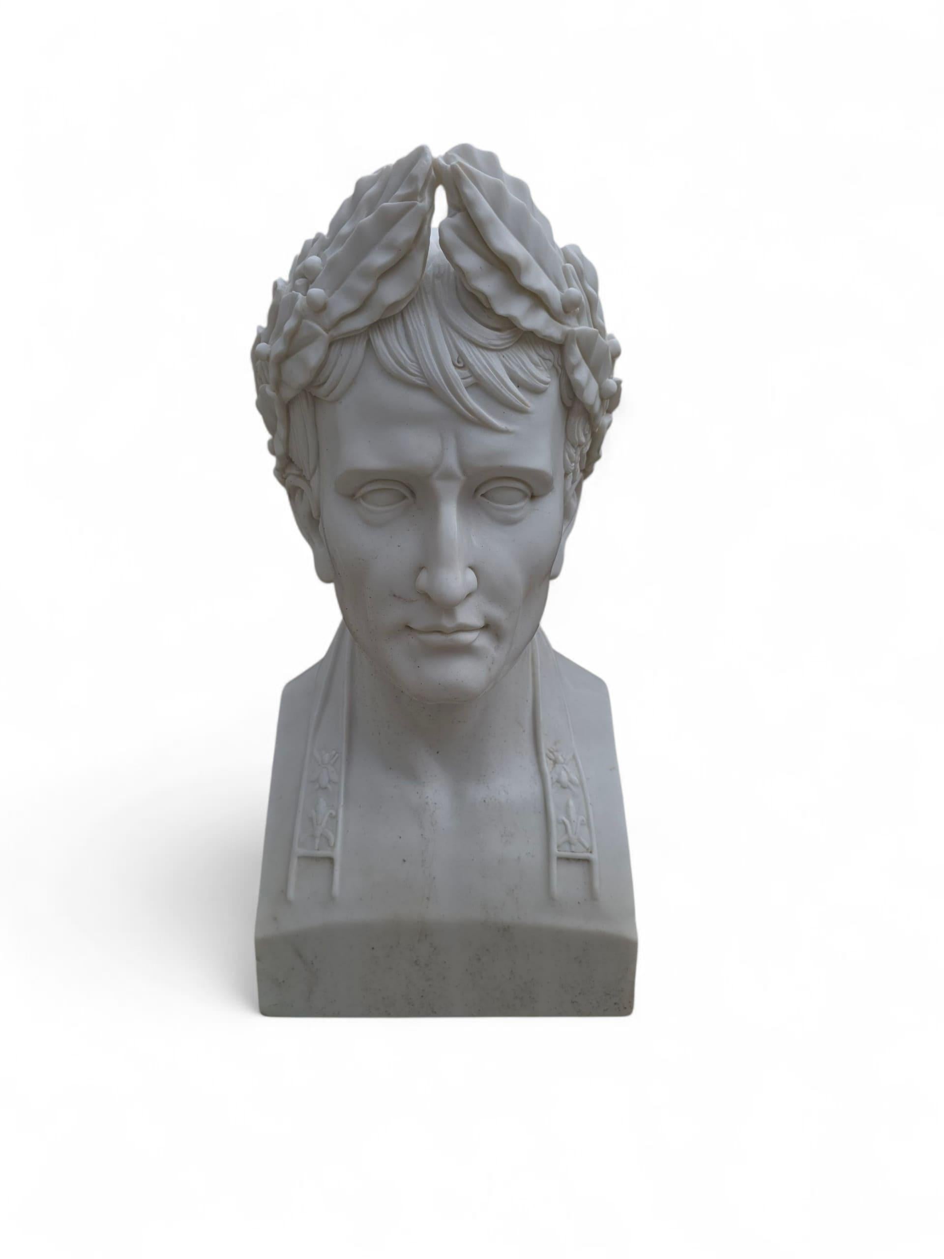 Elegant marble bust of Napoleon Bonaparte, hand-carved in Italian white marble with fine attention to detail. The sculpture portrays the French emperor in classical style, with a dignified expression and military attire, reflecting both historical