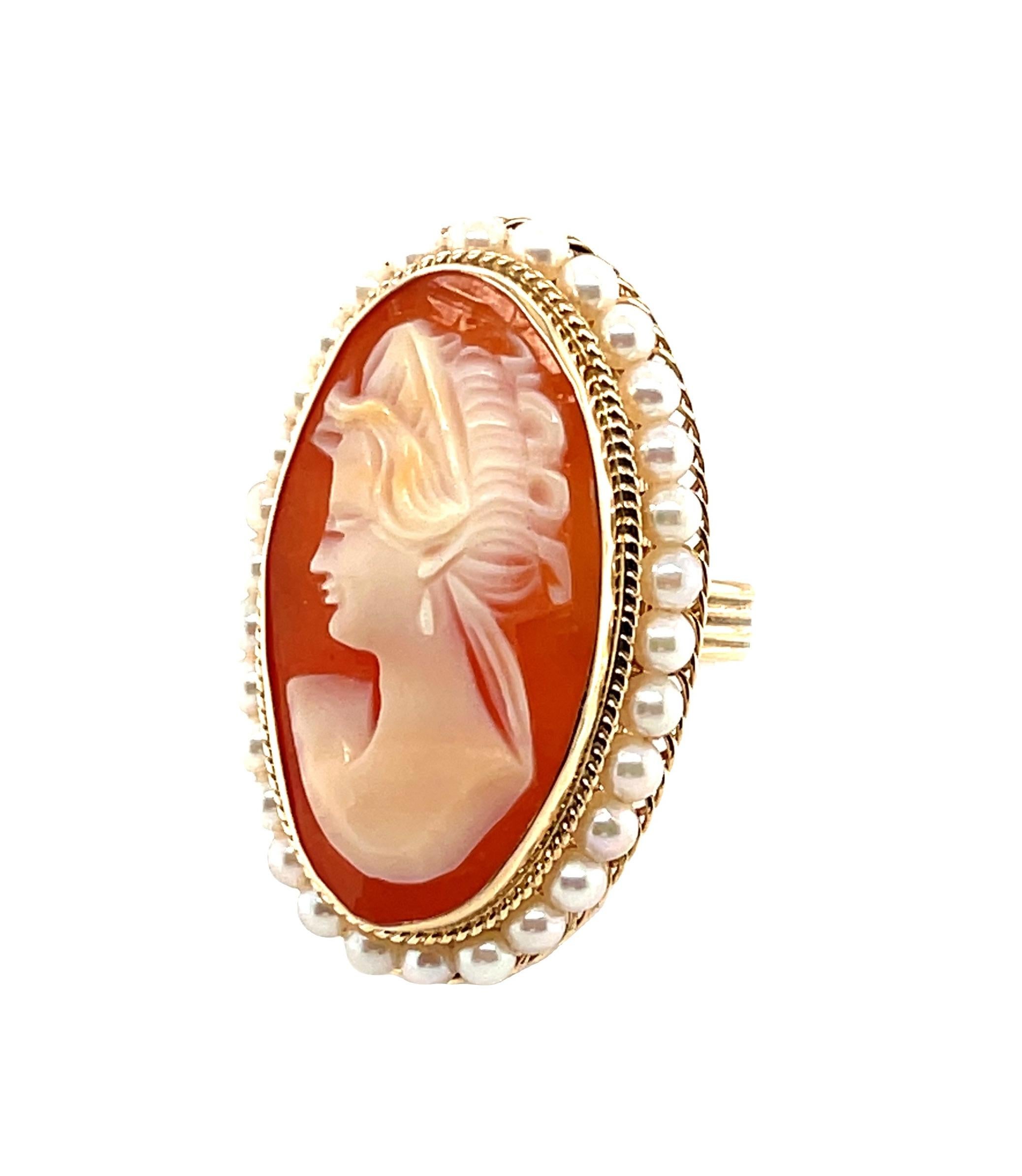 Bead Hand Carved Italian Shell Cameo 14k Yellow Gold Filigree Seed Pearl Ring   For Sale