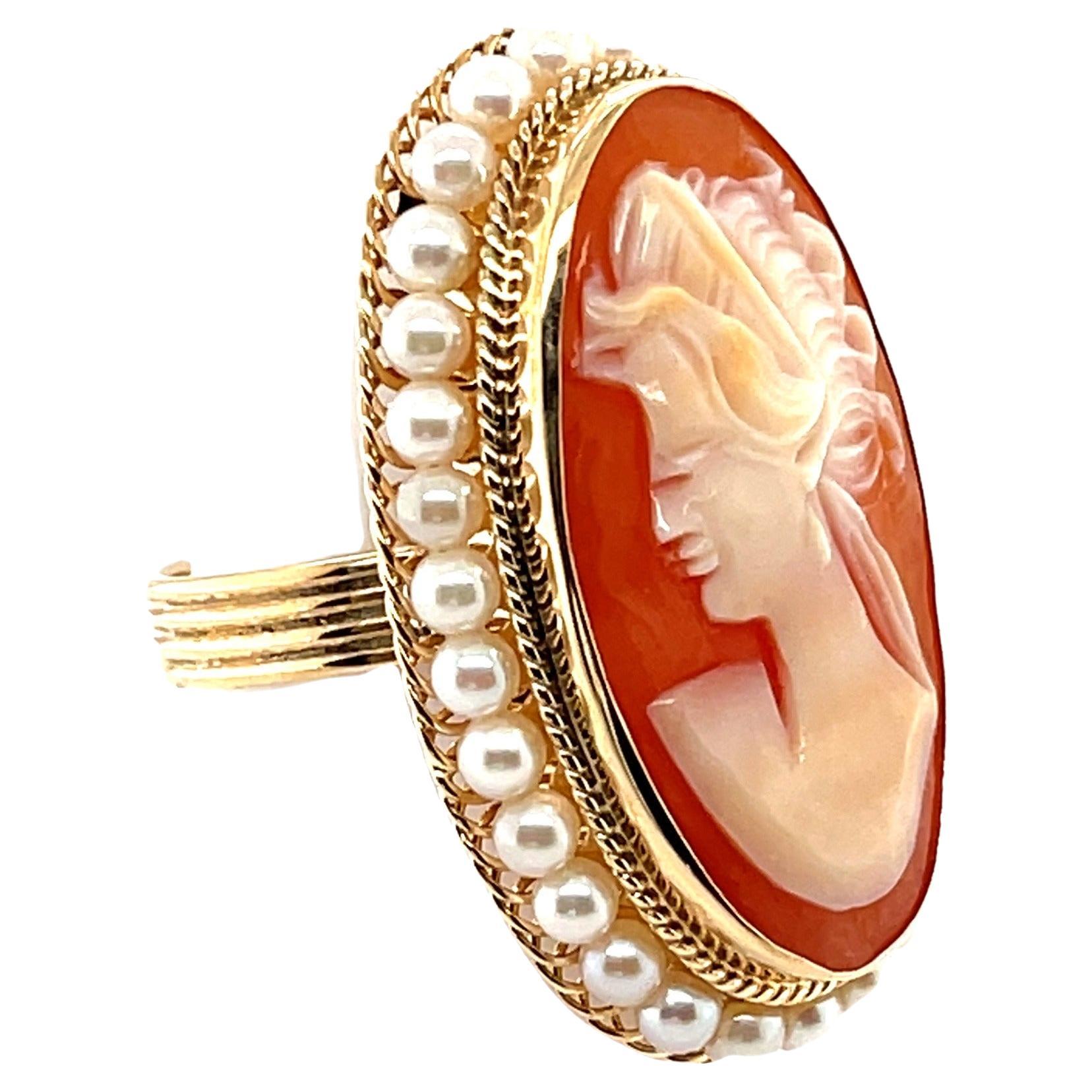Hand Carved Italian Shell Cameo 14k Yellow Gold Filigree Seed Pearl Ring   For Sale