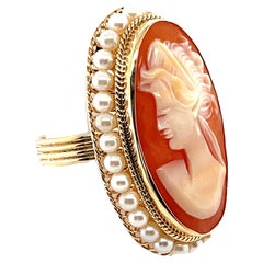 Hand Carved Italian Shell Cameo 14k Yellow Gold Filigree Seed Pearl Ring  