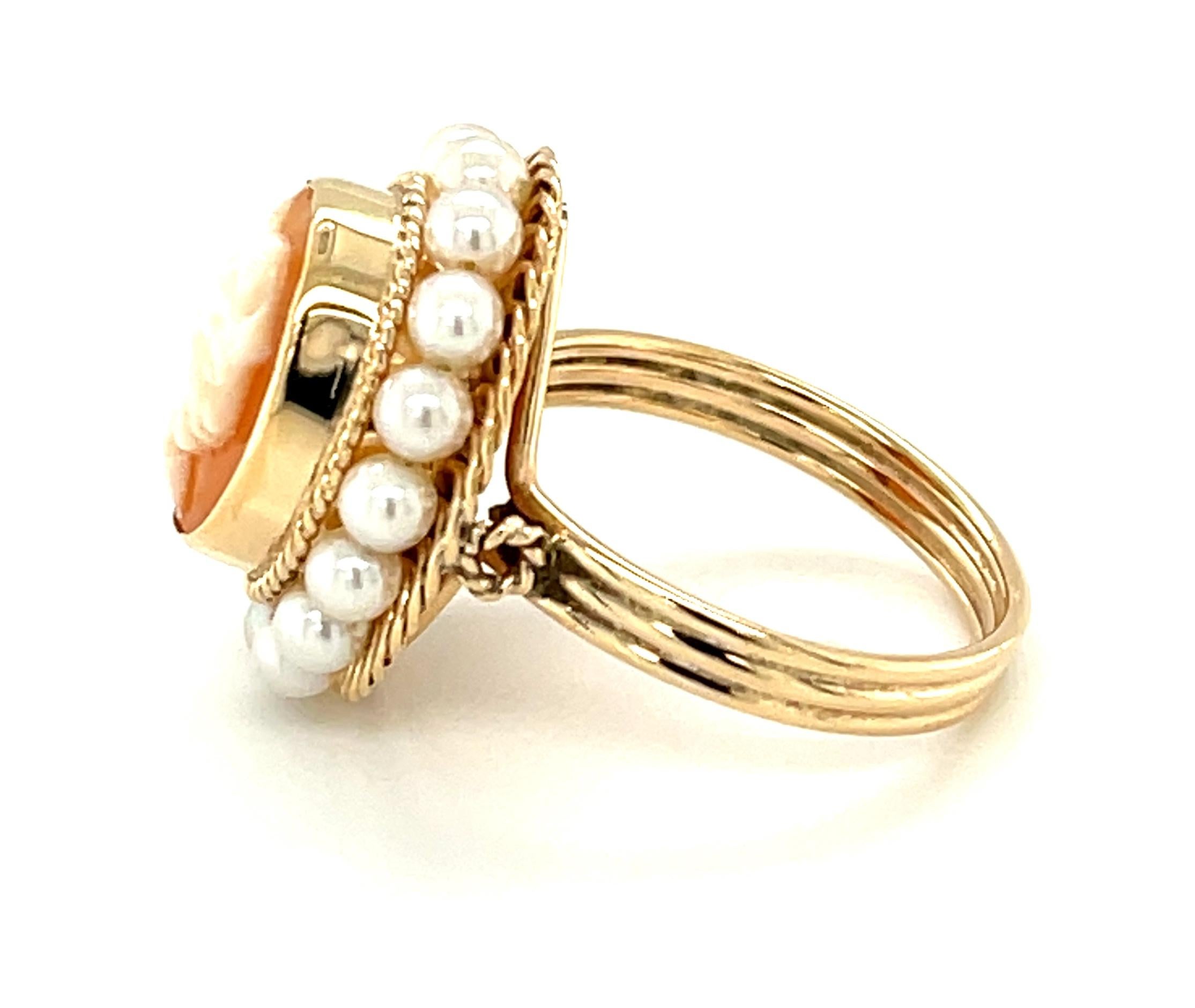Artisan Hand Carved Italian Shell Cameo Filigree Seed Pearl Ring in 14k Yellow Gold  For Sale