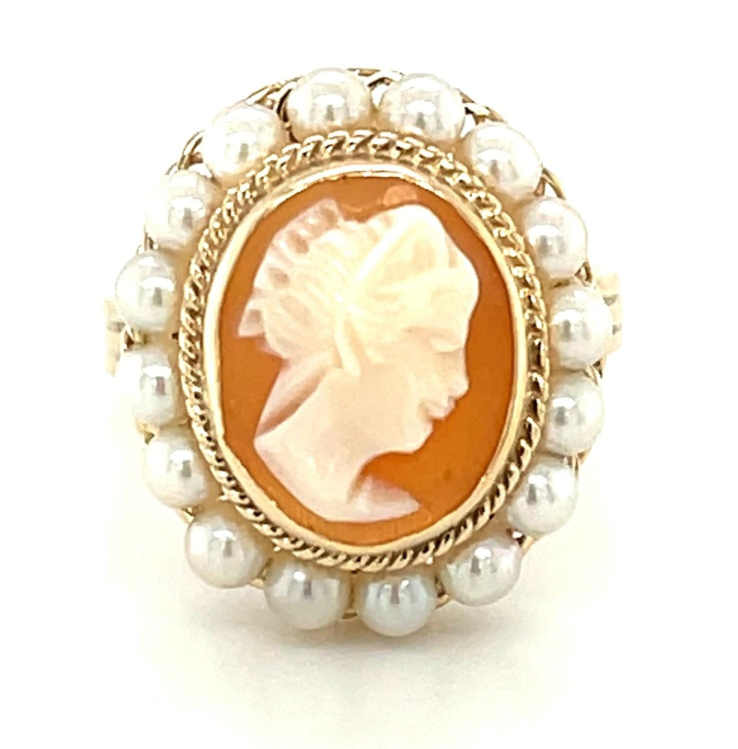 Women's Hand Carved Italian Shell Cameo Filigree Seed Pearl Ring in 14k Yellow Gold For Sale