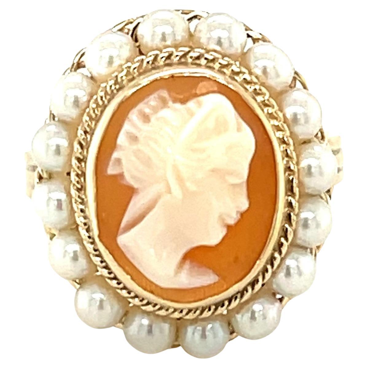 Hand Carved Italian Shell Cameo Filigree Seed Pearl Ring in 14k Yellow Gold  For Sale