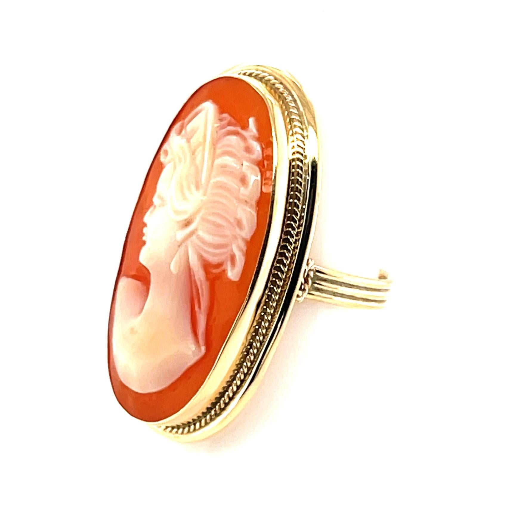 Artisan Hand Carved Italian Shell Cameo Ring in 14k Yellow Gold For Sale