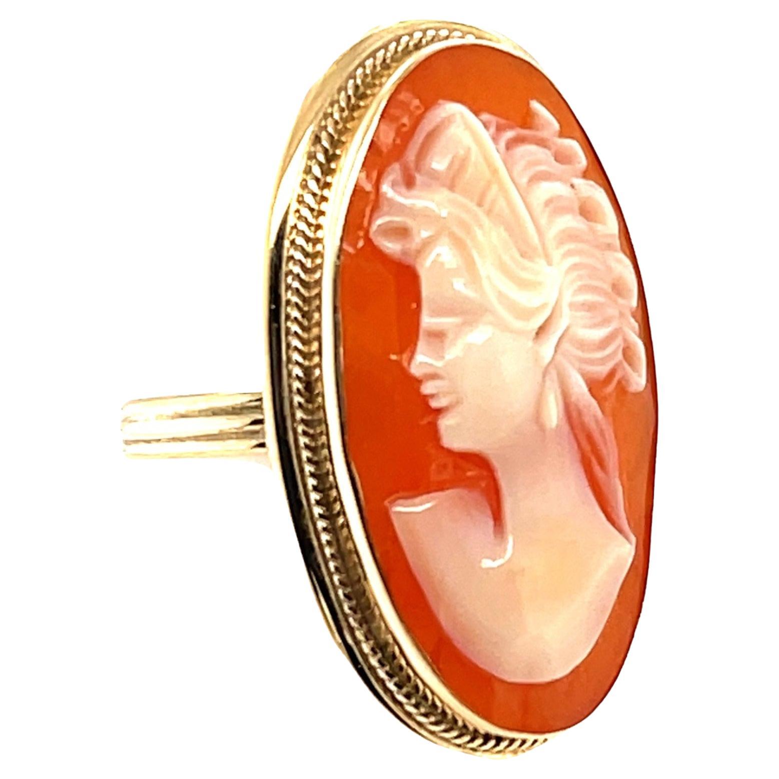 Hand Carved Italian Shell Cameo Ring in 14k Yellow Gold For Sale