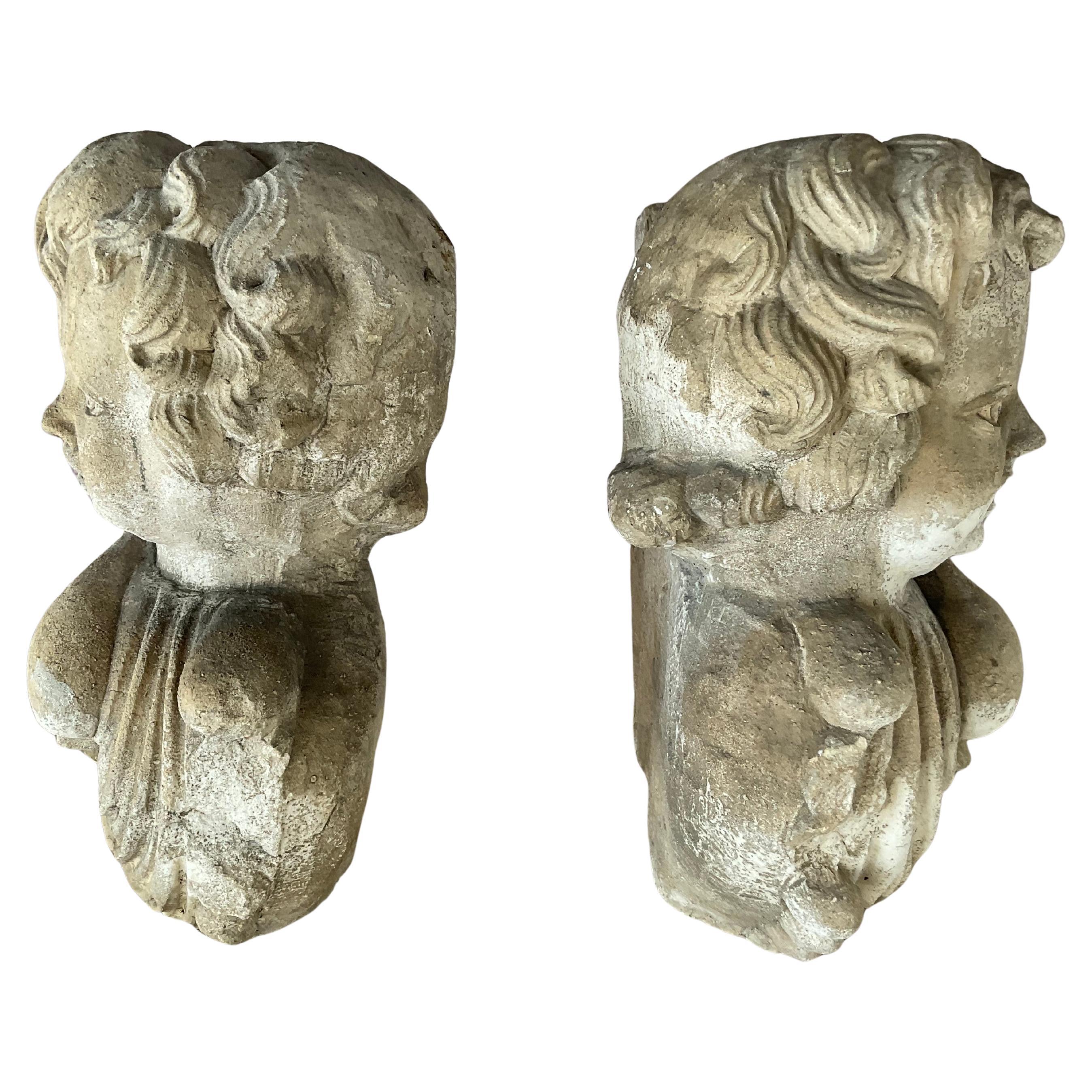 Baroque Hand-Carved Italian Stone Cherub Corbels, A Pair For Sale