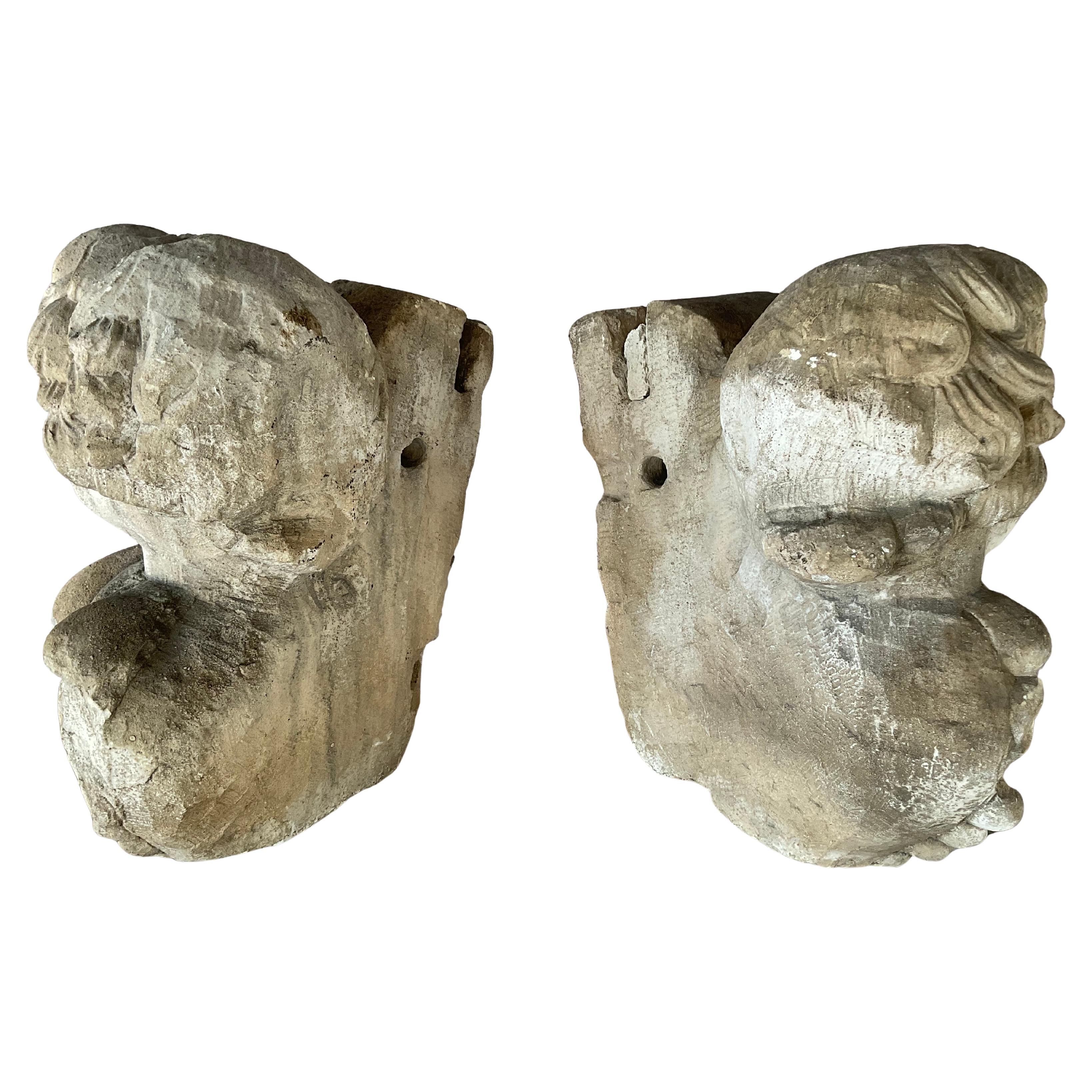 Hand-Carved Italian Stone Cherub Corbels, A Pair In Good Condition For Sale In Bradenton, FL