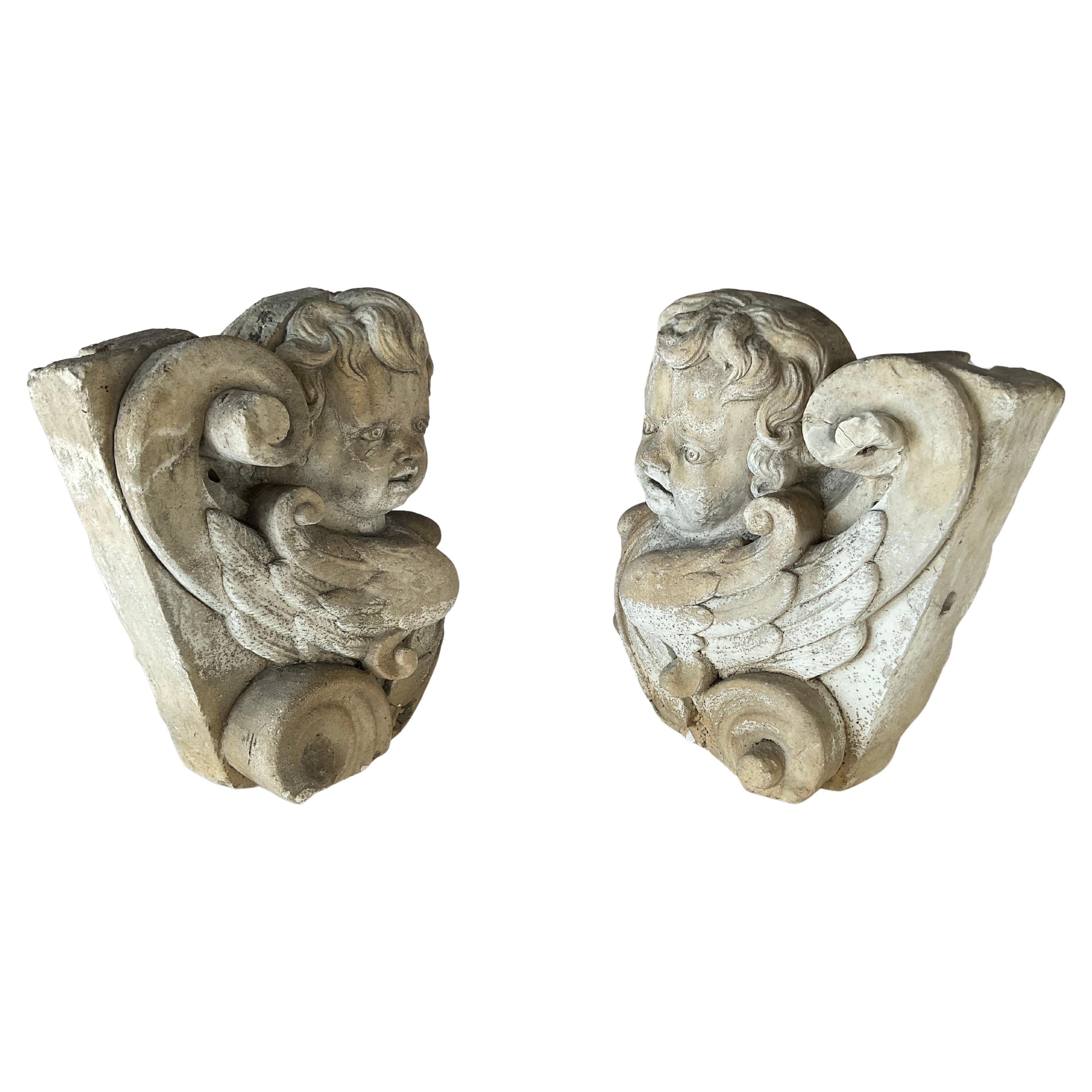 Hand-Carved Italian Stone Cherub Corbels, A Pair For Sale 3