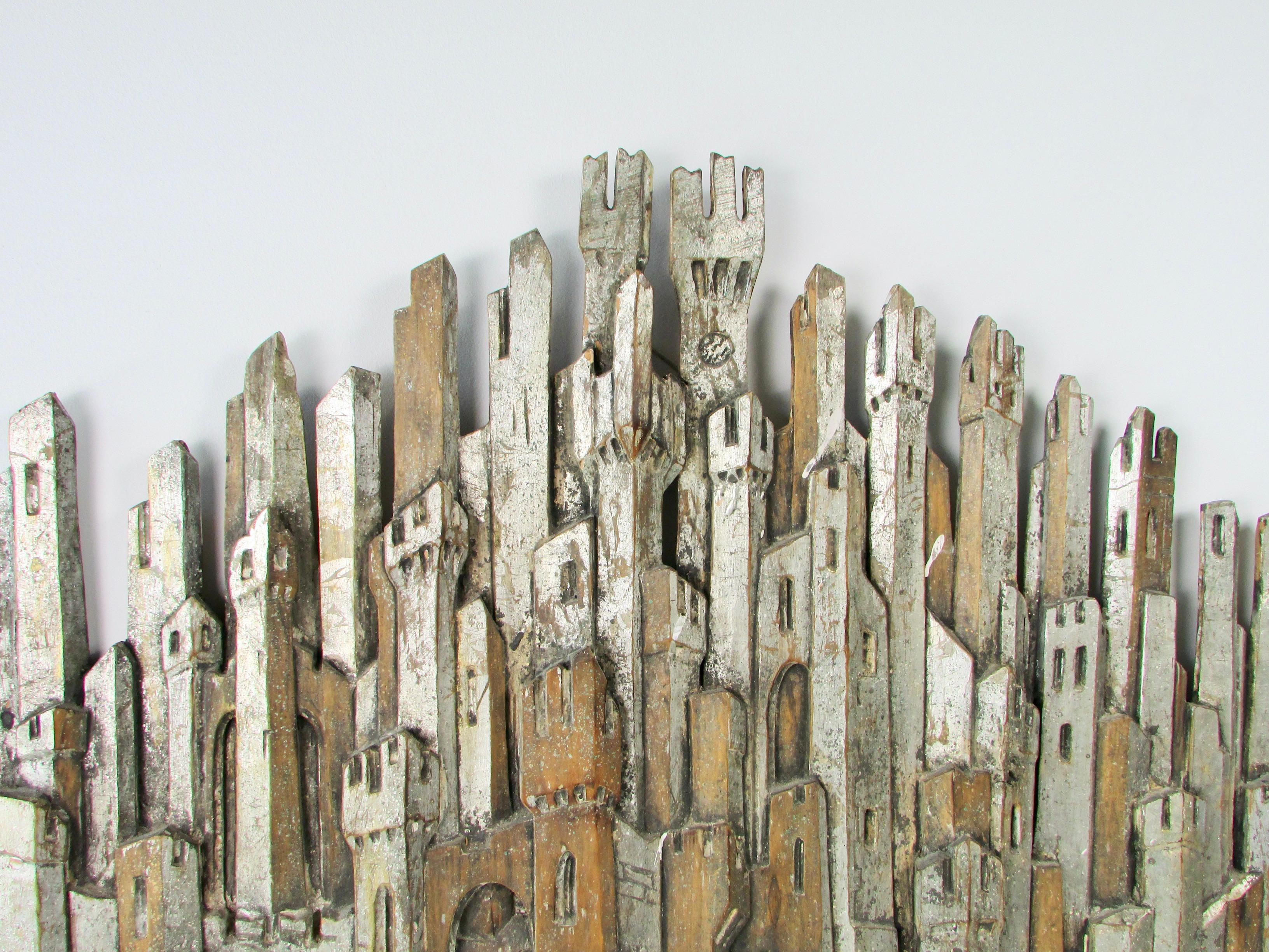 Mid-Century Modern Hand Carved Italian Wall Sculpture Depicting Medieval Turrets Towers and Castles For Sale