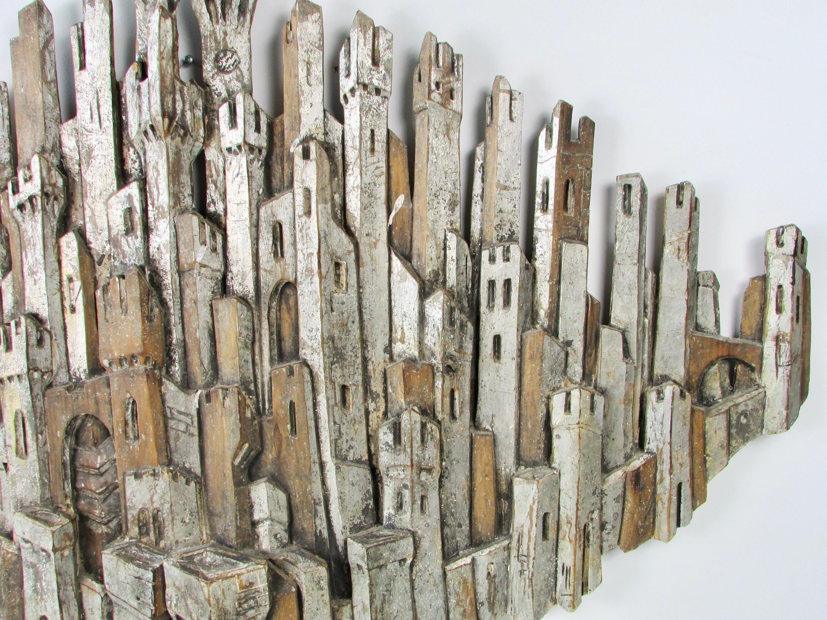 Hand-Carved Hand Carved Italian Wall Sculpture Depicting Medieval Turrets Towers and Castles For Sale