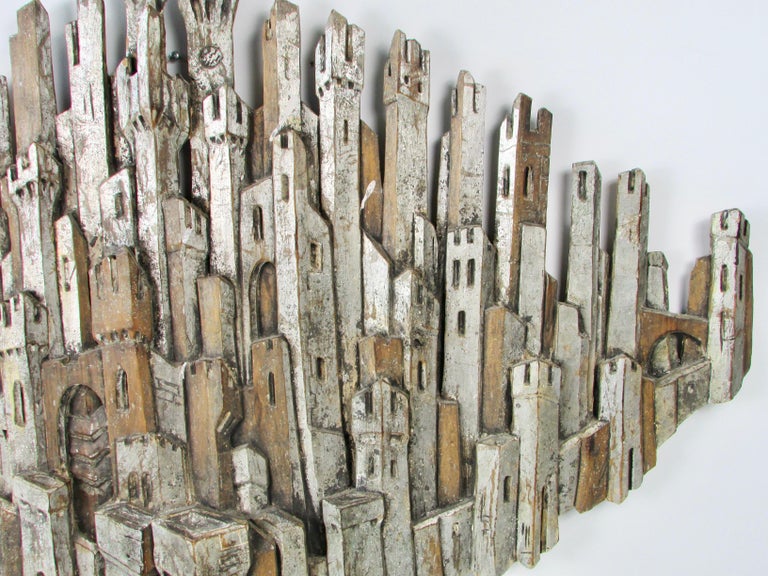 Hand Carved Italian Wall Sculpture Depicting Medieval Turrets Towers