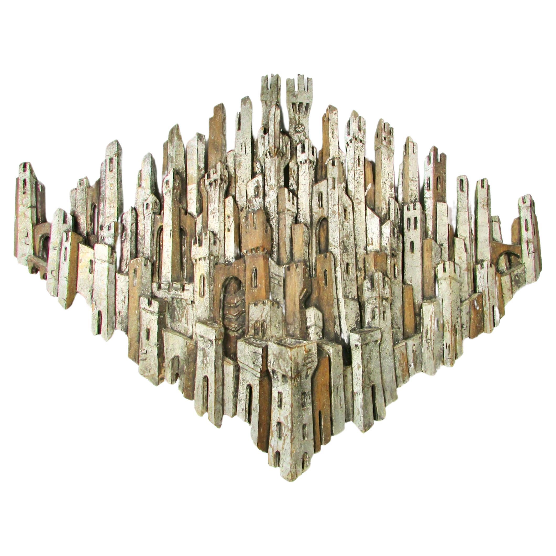 Hand Carved Italian Wall Sculpture Depicting Medieval Turrets Towers and Castles For Sale