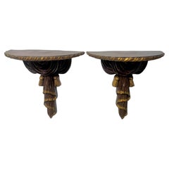 Hand Carved Italian Wall Shelves with Gilt Edging and Carved Fabric and Tassels