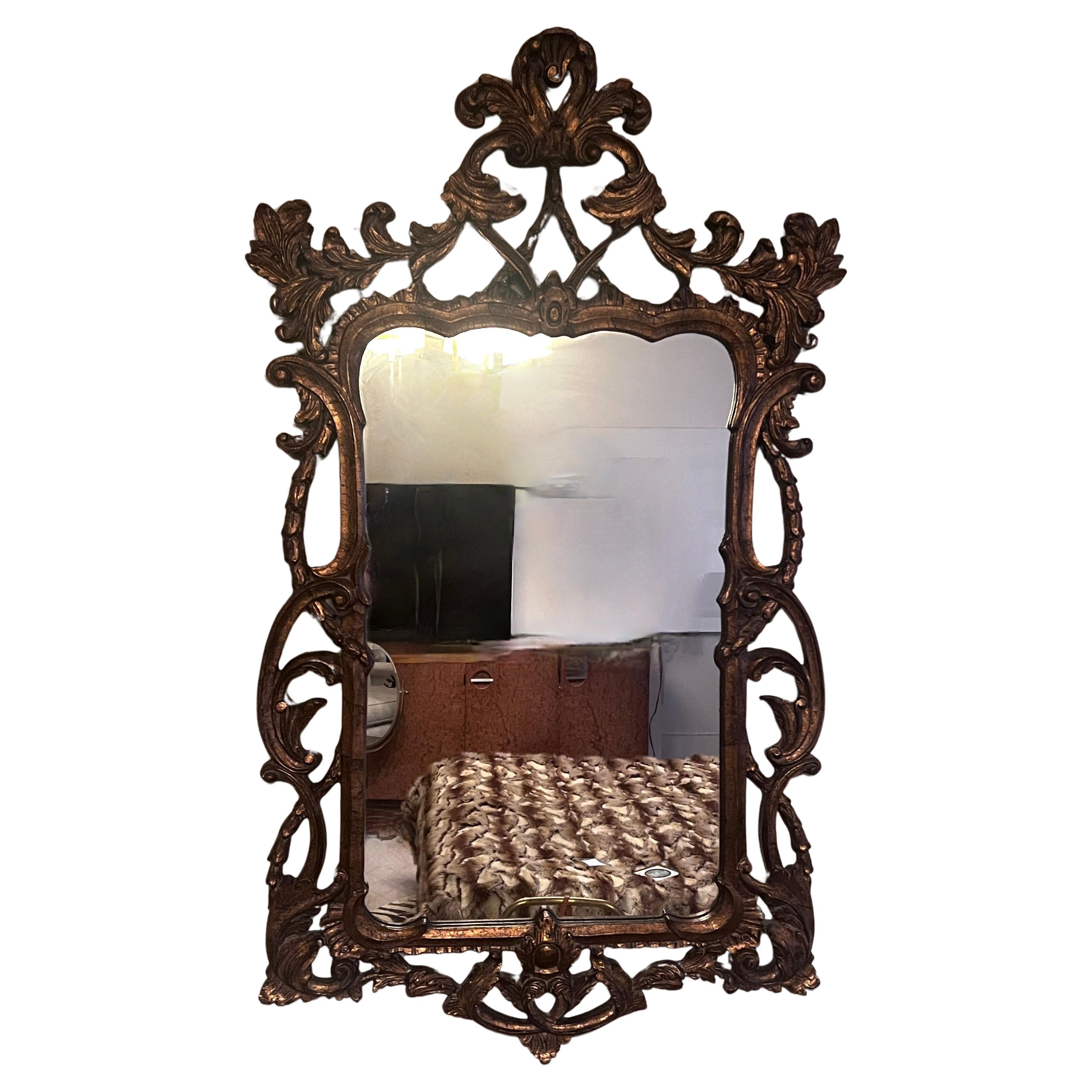 Patinated Hand Carved Italian Wood Mirror For Sale