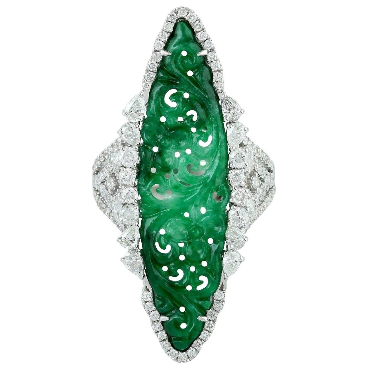 For Sale:  Hand Carved Jade 18 Karat White Gold Diamond Ring