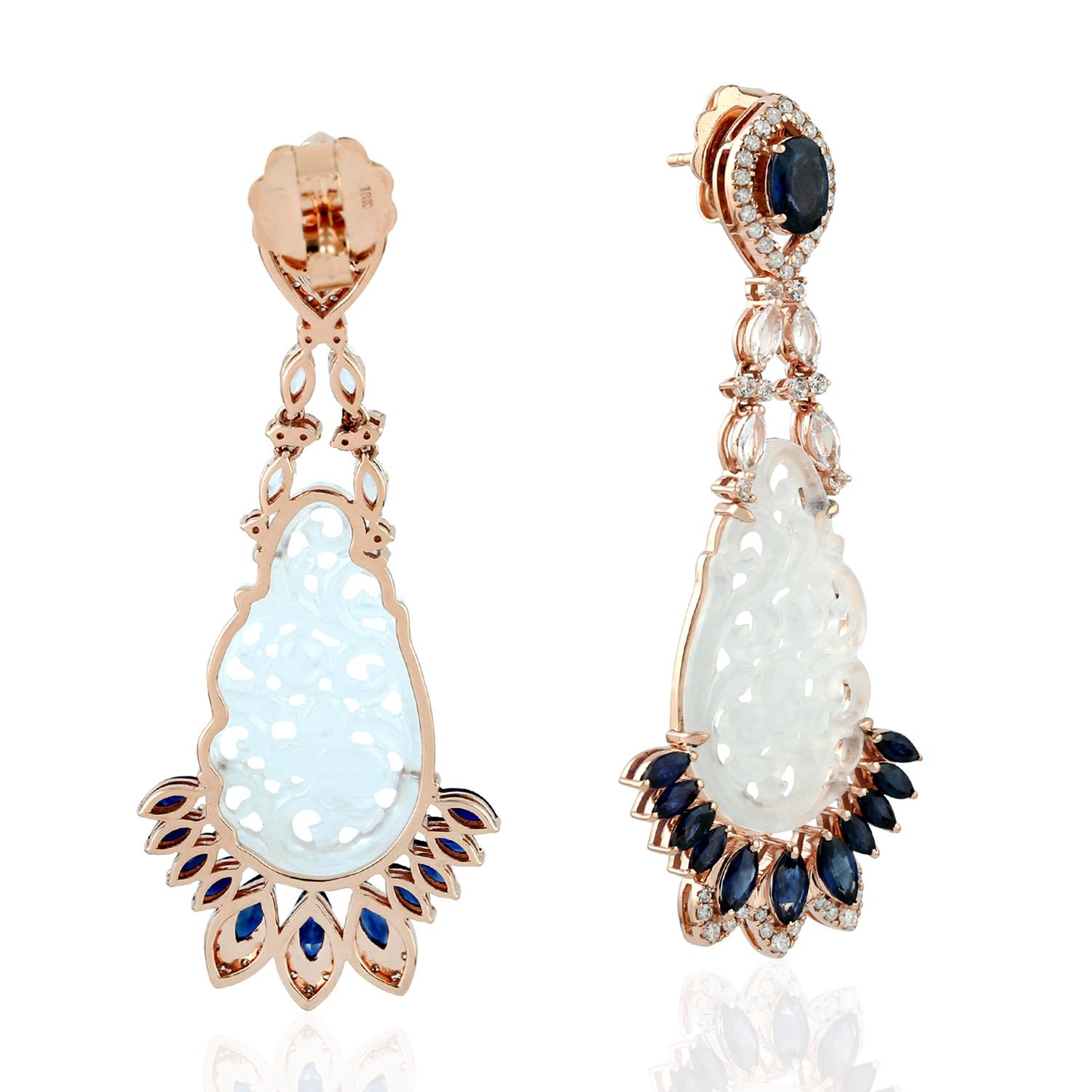 Artisan Hand Carved Jade Blue Sapphire 18 Karat Gold Diamond Earrings For Sale