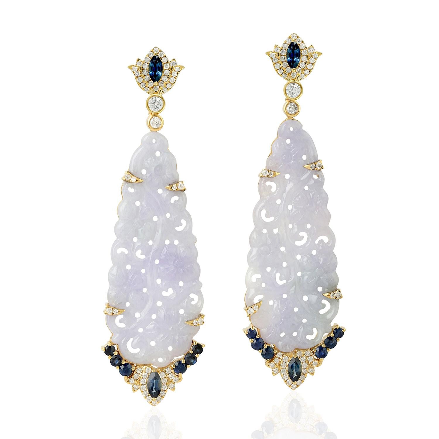 Baguette Cut Hand Carved Jade Blue Sapphire 18 Karat Gold Diamond Earrings For Sale