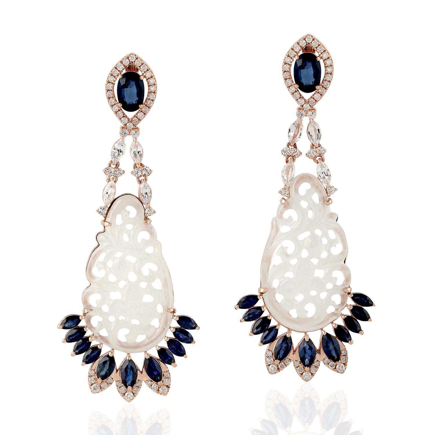 Mixed Cut Hand Carved Jade Blue Sapphire 18 Karat Gold Diamond Earrings For Sale