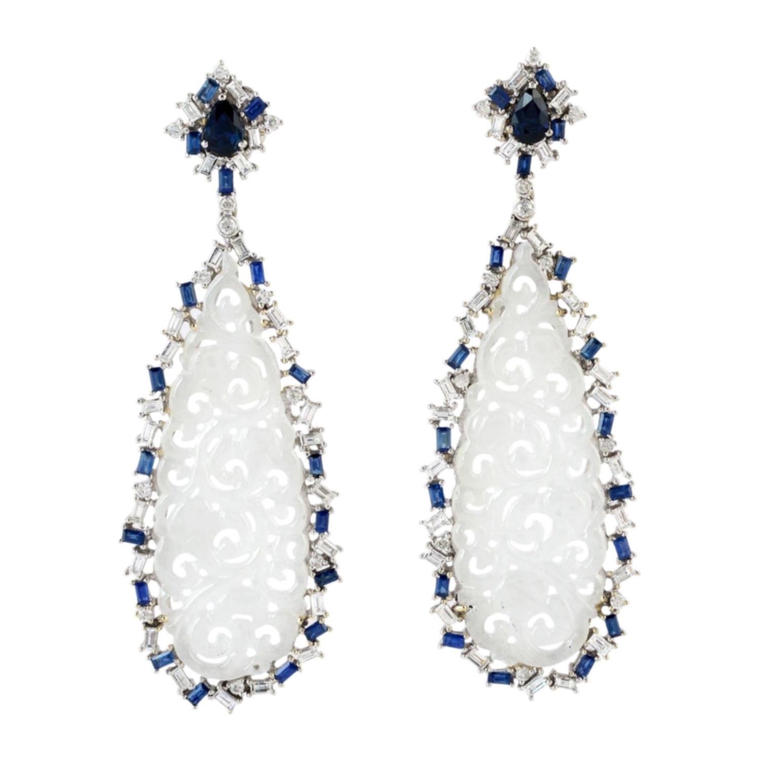 Hand Carved Jade Blue Sapphire 18 Karat Gold Diamond Earrings For Sale