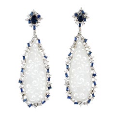 Hand Carved Jade Blue Sapphire 18 Karat Gold Diamond Earrings