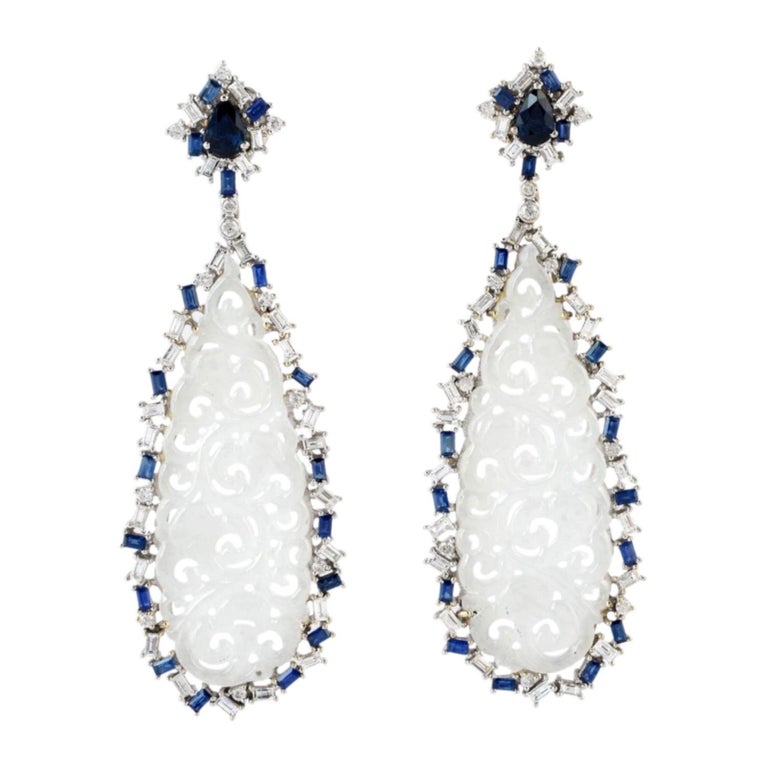 Hand Carved Jade Blue Sapphire 18 Karat Gold Diamond Earrings For Sale ...