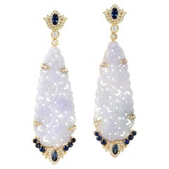 Boucles d'oreilles en or 18 carats avec diamants et saphirs bleus en jade sculptés à la main