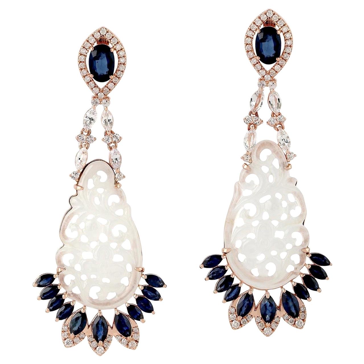 Hand Carved Jade Blue Sapphire 18 Karat Gold Diamond Earrings For Sale