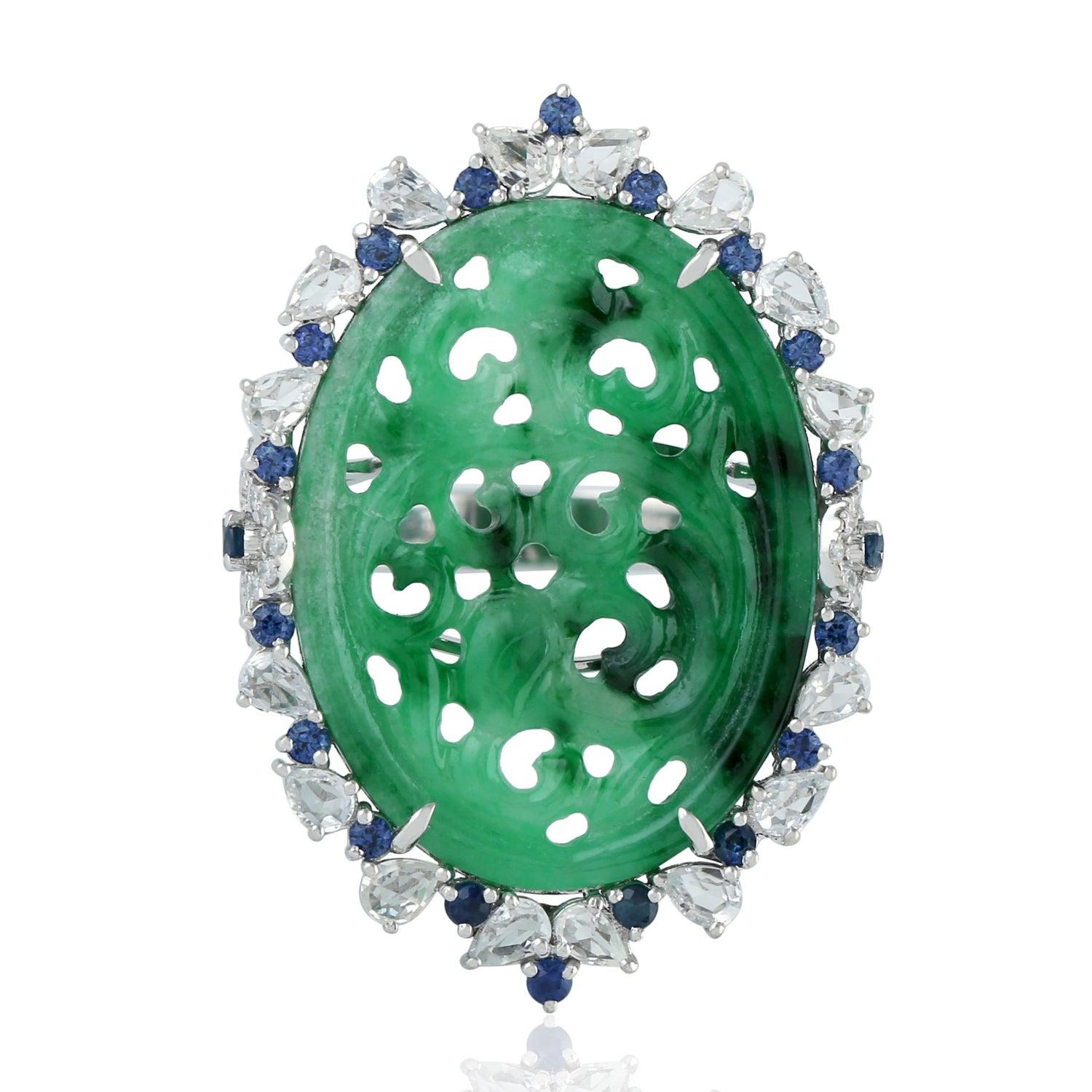 For Sale:  Hand Carved Jade Blue Sapphire 18 Karat Gold Diamond Ring 3