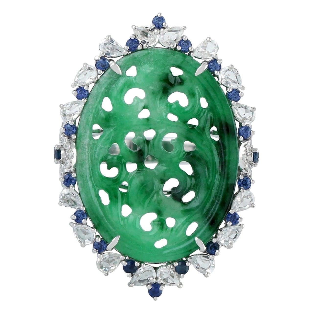 For Sale:  Hand Carved Jade Blue Sapphire 18 Karat Gold Diamond Ring