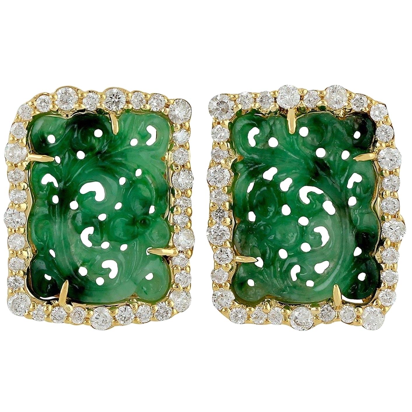 Hand Carved Jade Diamond 18 Karat Gold Stud Earrings For Sale