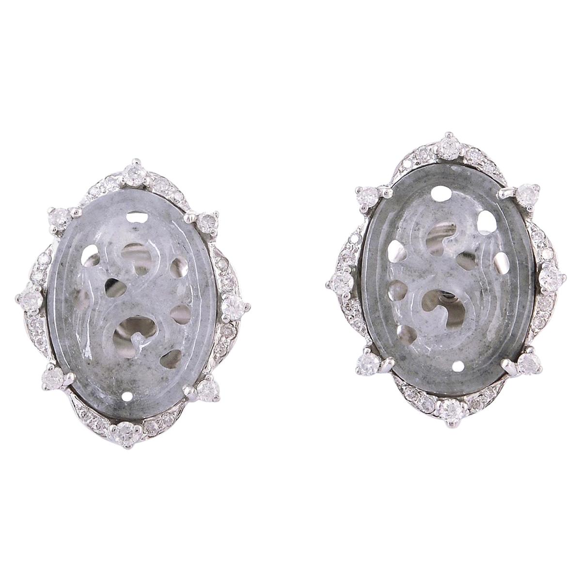 Hand Carved Jade Diamond 18 Karat Gold Stud Earrings For Sale