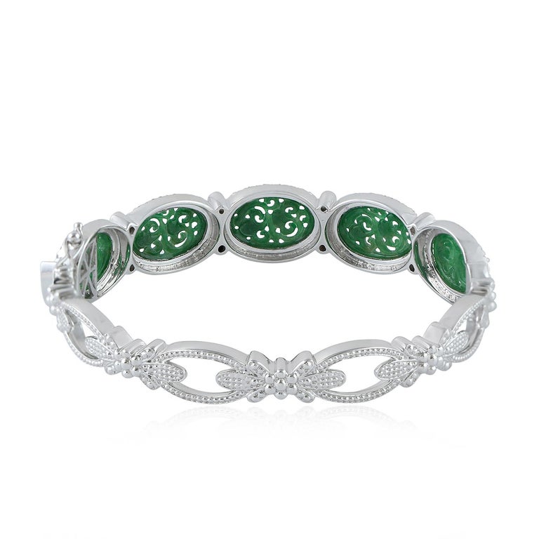 Artisan Hand Carved Jade Diamond Bangle Bracelet For Sale