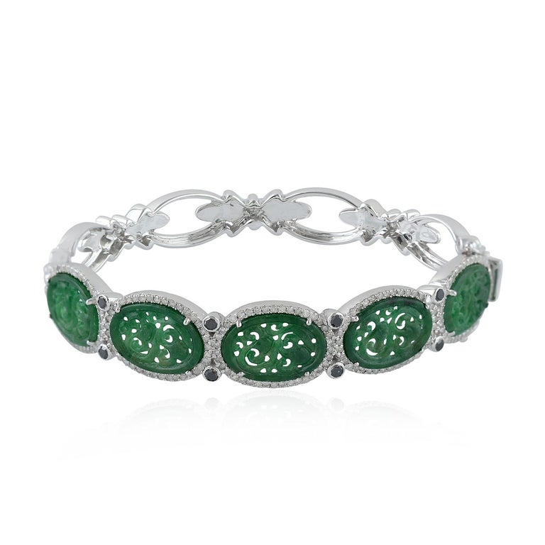 Oval Cut Hand Carved Jade Diamond Bangle Bracelet For Sale