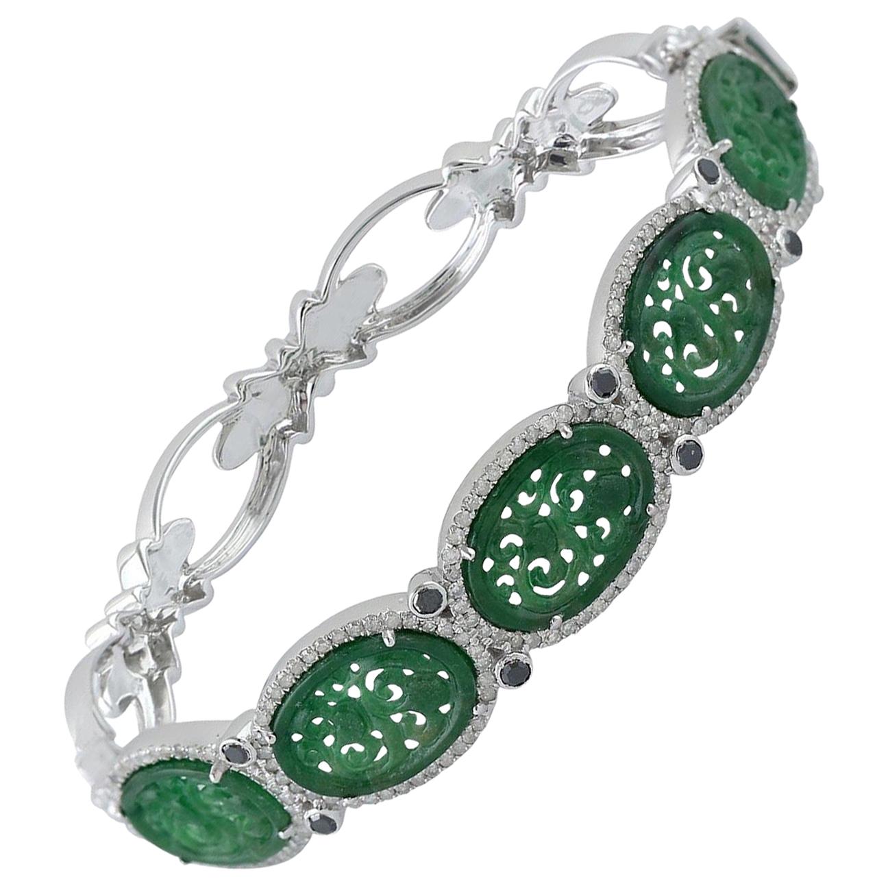 Hand Carved Jade Diamond Bangle Bracelet For Sale