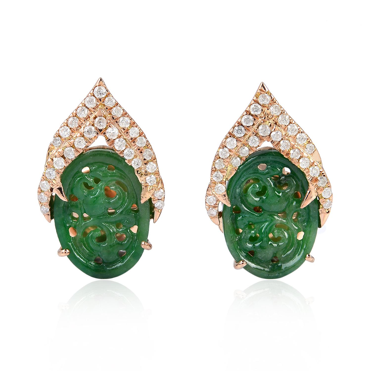 Artisan Hand Carved Jade Diamond Stud 18 Karat Gold Earrings For Sale